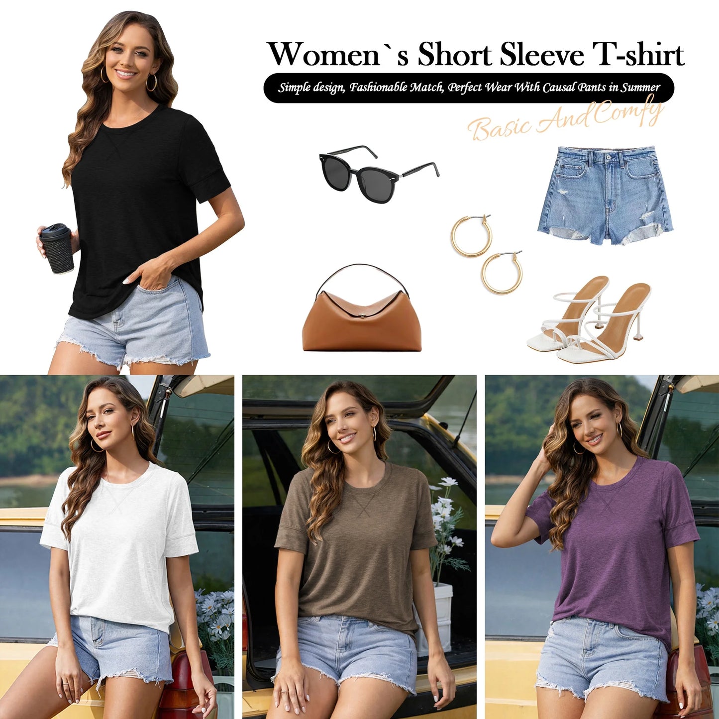 Summer Short Sleeve T-Shirts for Women Fashion Trendy Loose Cute Tunic Casual Crew Neck Tops White Blouse Size L