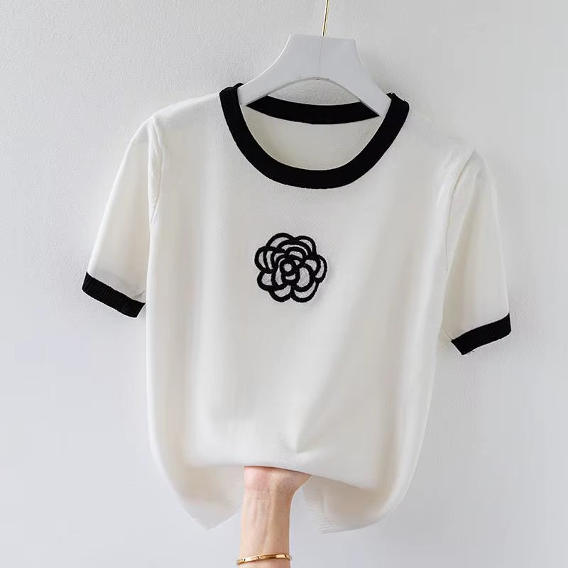Knitted T Shirt for Women Summer Flower Embroidery Designer Luxury Clothes Slim Tops Women'S Short Fashion Short Sleeve T-Shirt