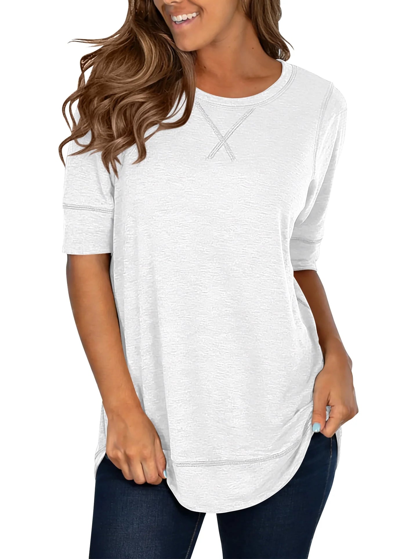 Summer Short Sleeve T-Shirts for Women Fashion Trendy Loose Cute Tunic Casual Crew Neck Tops White Blouse Size L