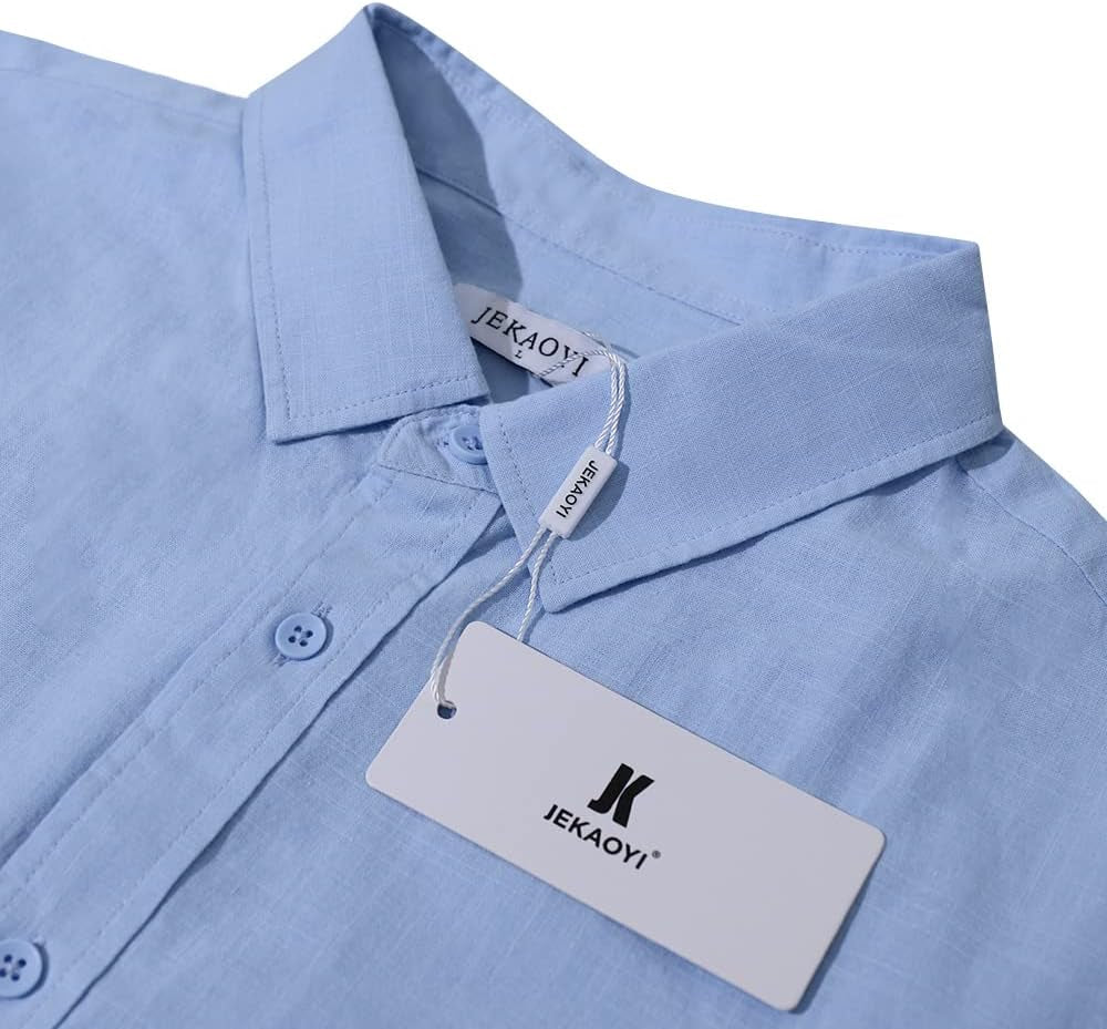 Mens Summer Casual Long Sleeve Cotton Linen Shirts Button up Solid Plain Roll-Up Sleeve Beach T Shirts