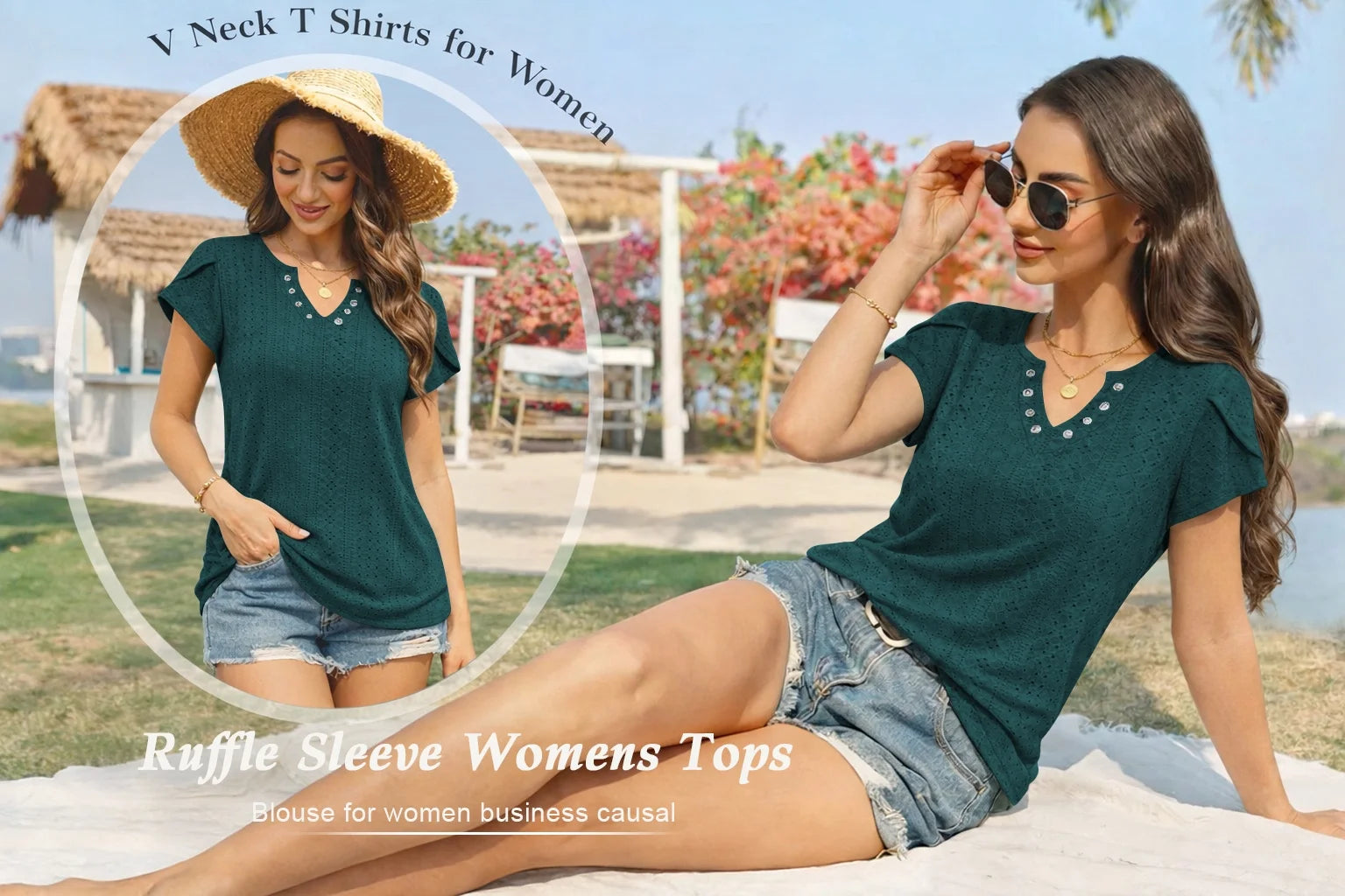 Womens Summer Tops Casual V Neck Tee Shirts Petal Sleeve Fashion Loose Blouses for Women Clothes Short Sleeve Shirts Dressy Tunic Tops