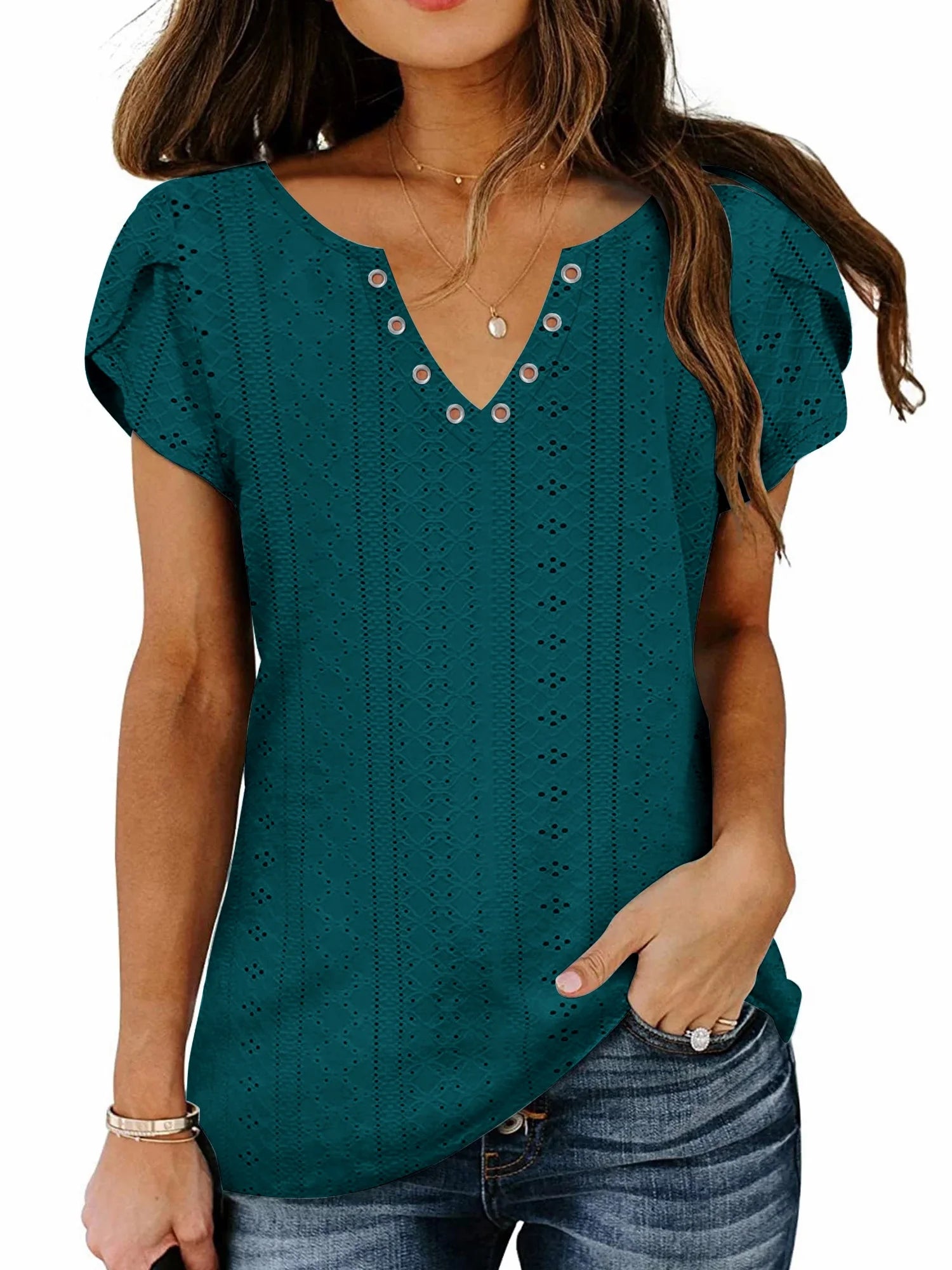 Womens Summer Tops Casual V Neck Tee Shirts Petal Sleeve Fashion Loose Blouses for Women Clothes Short Sleeve Shirts Dressy Tunic Tops