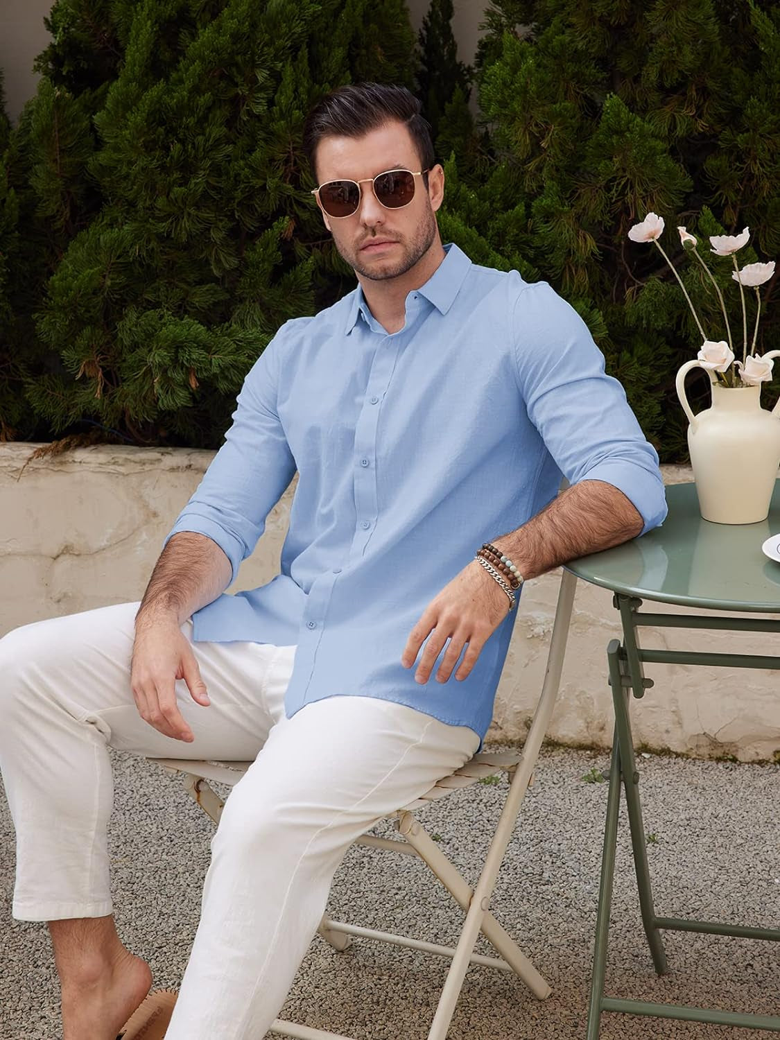 Mens Summer Casual Long Sleeve Cotton Linen Shirts Button up Solid Plain Roll-Up Sleeve Beach T Shirts
