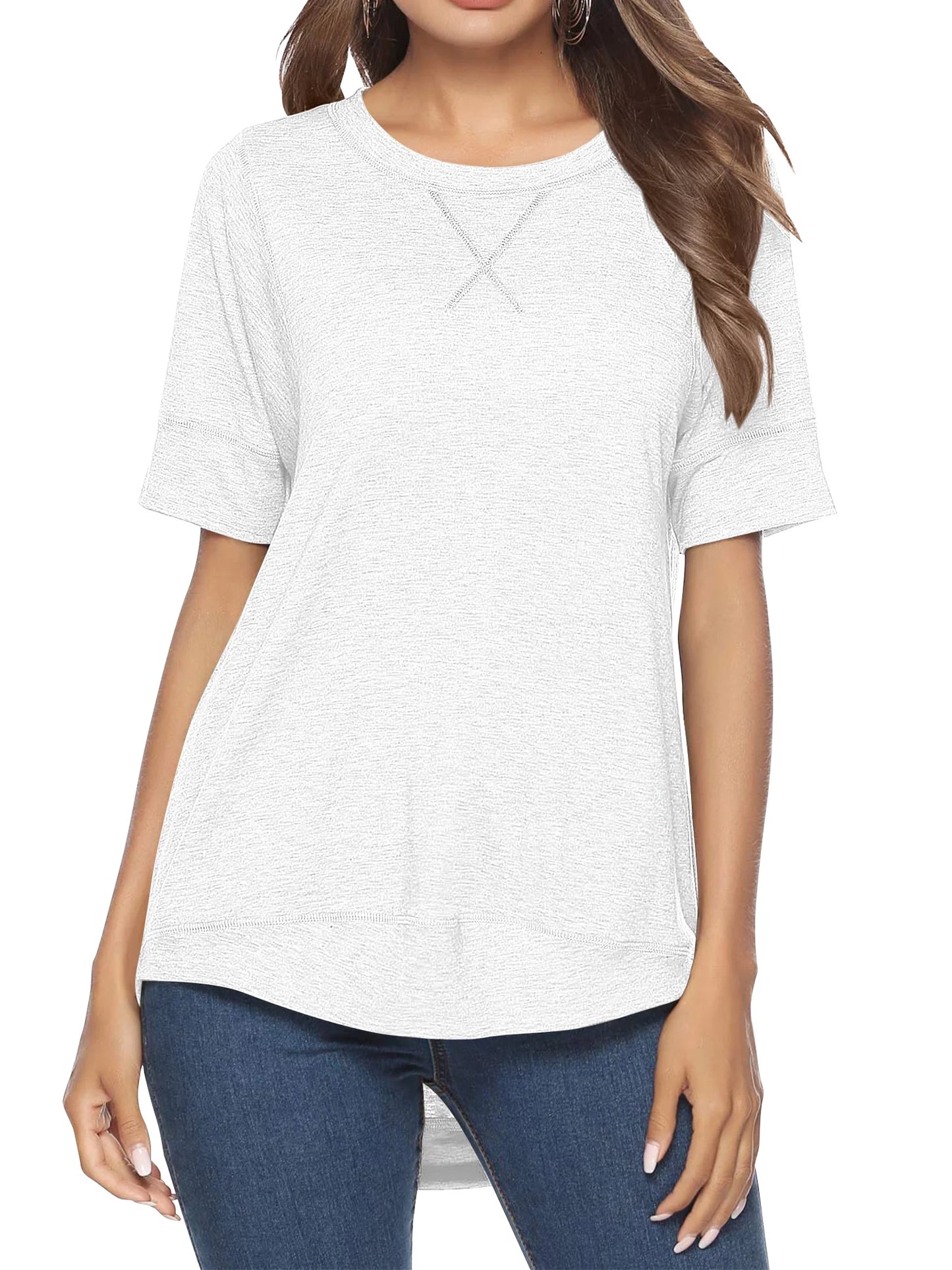 Summer Short Sleeve T-Shirts for Women Fashion Trendy Loose Cute Tunic Casual Crew Neck Tops White Blouse Size L