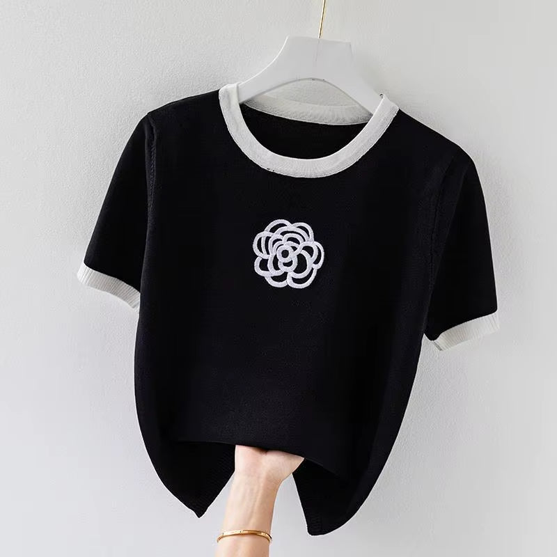 Knitted T Shirt for Women Summer Flower Embroidery Designer Luxury Clothes Slim Tops Women'S Short Fashion Short Sleeve T-Shirt