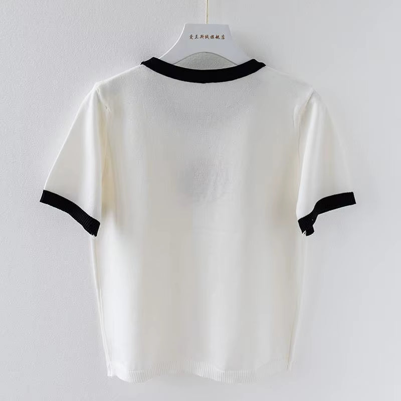 Knitted T Shirt for Women Summer Flower Embroidery Designer Luxury Clothes Slim Tops Women'S Short Fashion Short Sleeve T-Shirt